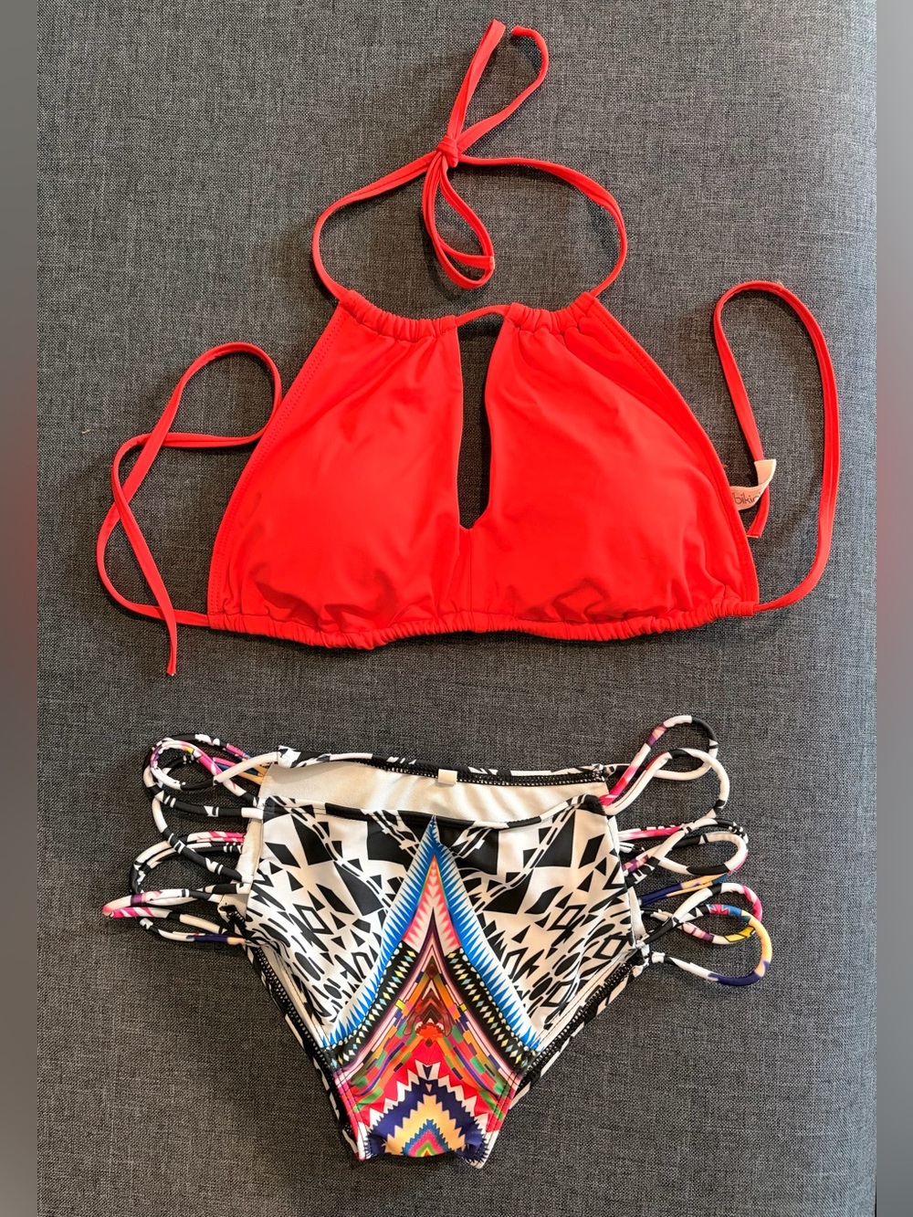 Multicolor strappy bottoms + matching bright red top